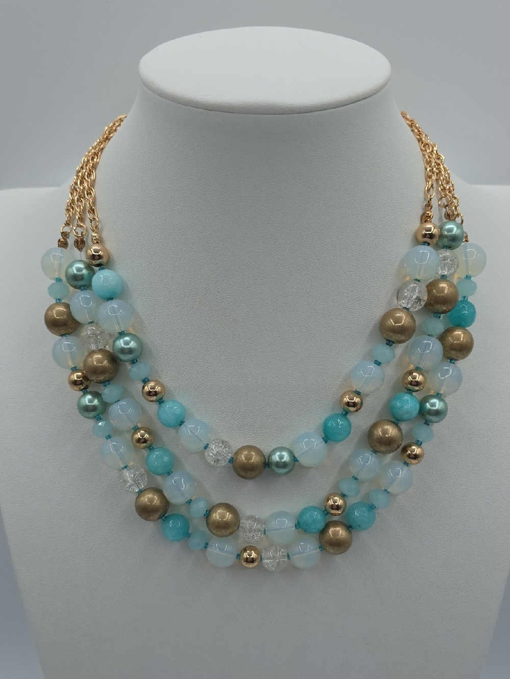 Gold & Aqua Multi-Strand Glass Beaded Necklace - Women Jewelry